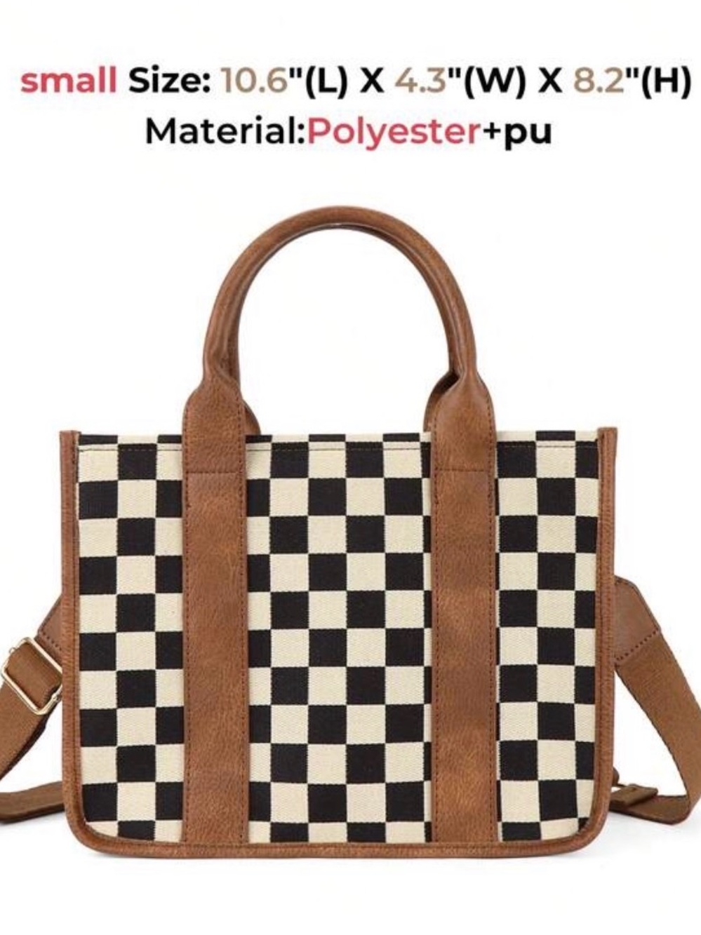 New cute checkered tote with adjustable strap.